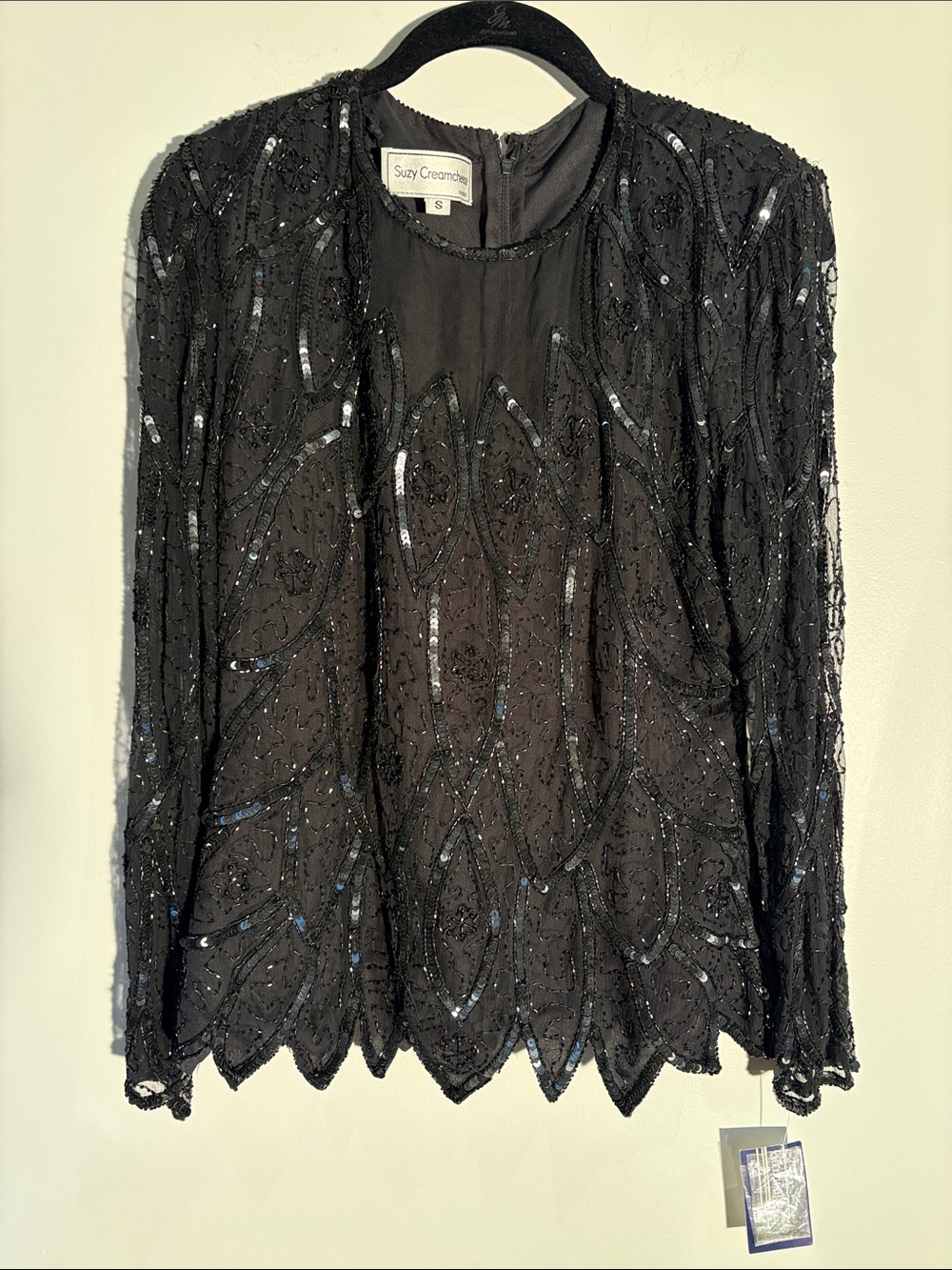 NWT Suzy Creamcheese Black Beaded Sequin Evening Top Size S